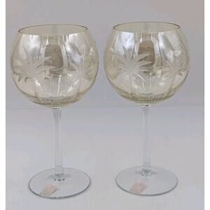 2 Royal Danube Etched Palm Tree Yellowish Luster Balloon Wine Glasses 9" Goblets